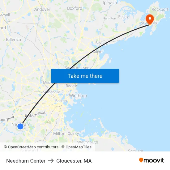 Needham Center to Gloucester, MA map