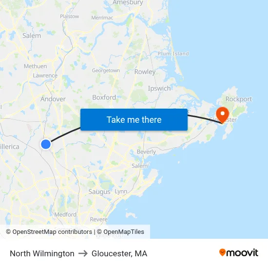 North Wilmington to Gloucester, MA map