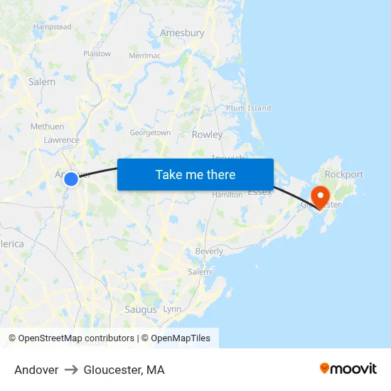 Andover to Gloucester, MA map