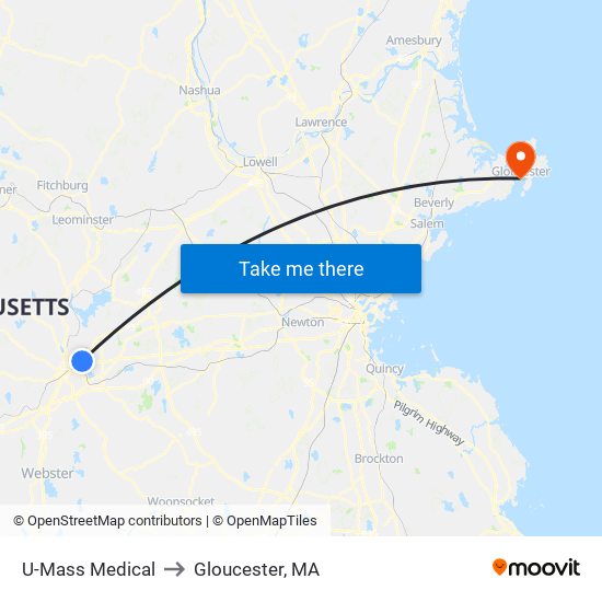 U-Mass Medical to Gloucester, MA map