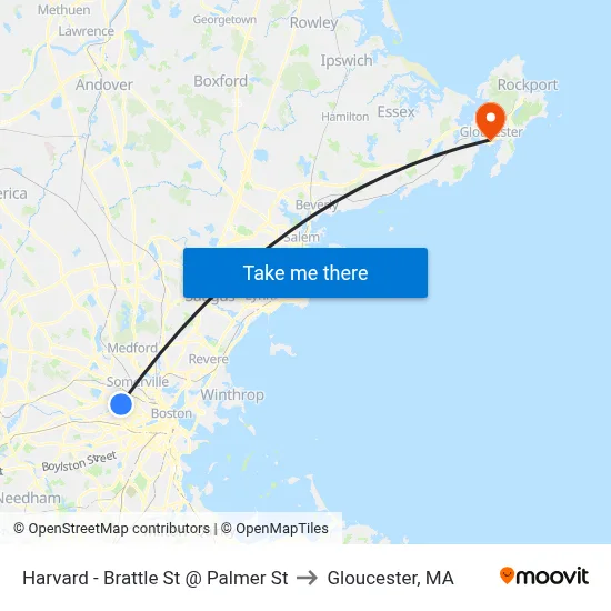 Harvard - Brattle St @ Palmer St to Gloucester, MA map