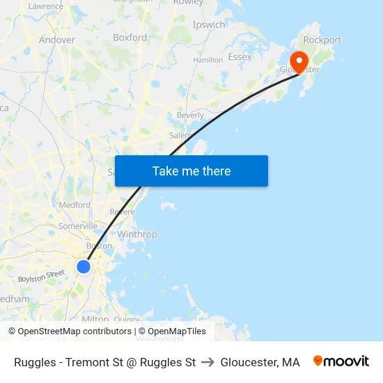 Ruggles - Tremont St @ Ruggles St to Gloucester, MA map