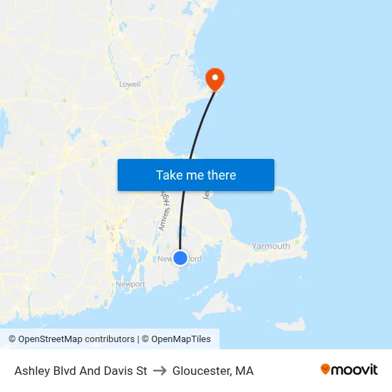 Ashley Blvd And Davis St to Gloucester, MA map