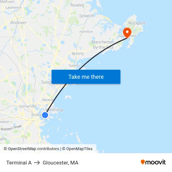 Terminal A to Gloucester, MA map
