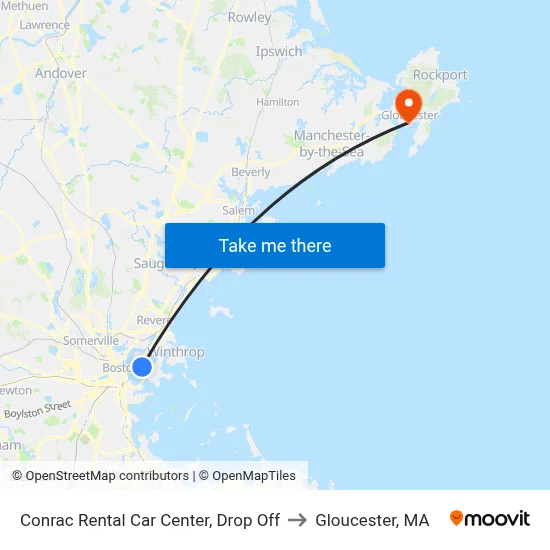 Conrac Rental Car Center, Drop Off to Gloucester, MA map
