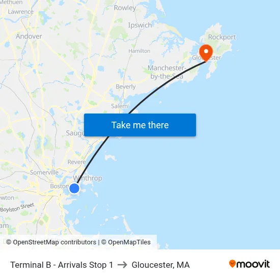 Terminal B - Arrivals Stop 1 to Gloucester, MA map