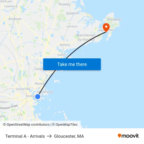Terminal A - Arrivals to Gloucester, MA map