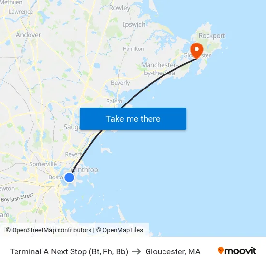 Terminal A Next Stop (Bt, Fh, Bb) to Gloucester, MA map