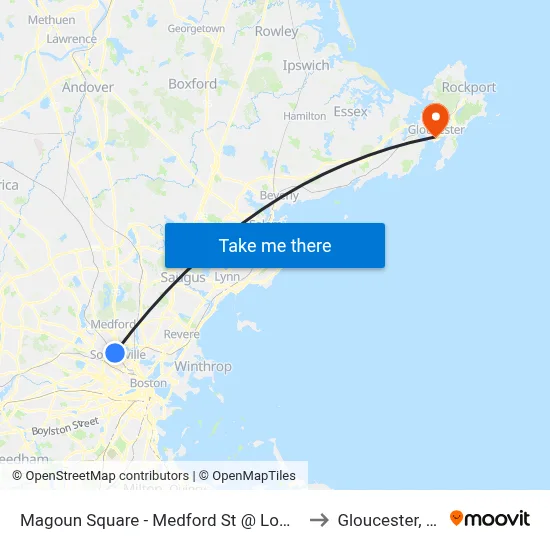 Magoun Square - Medford St @ Lowell St to Gloucester, MA map