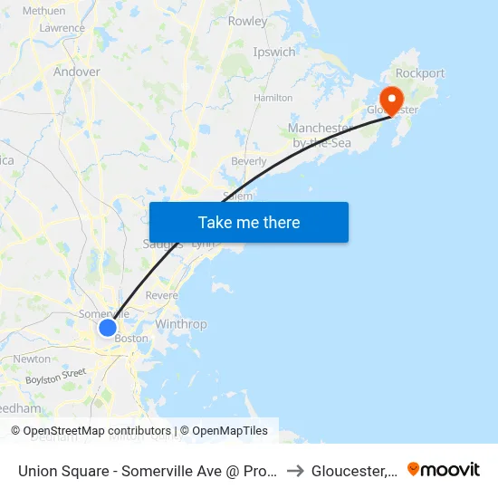 Union Square - Somerville Ave @ Prospect St to Gloucester, MA map