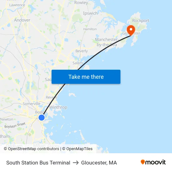 South Station Bus Terminal to Gloucester, MA map