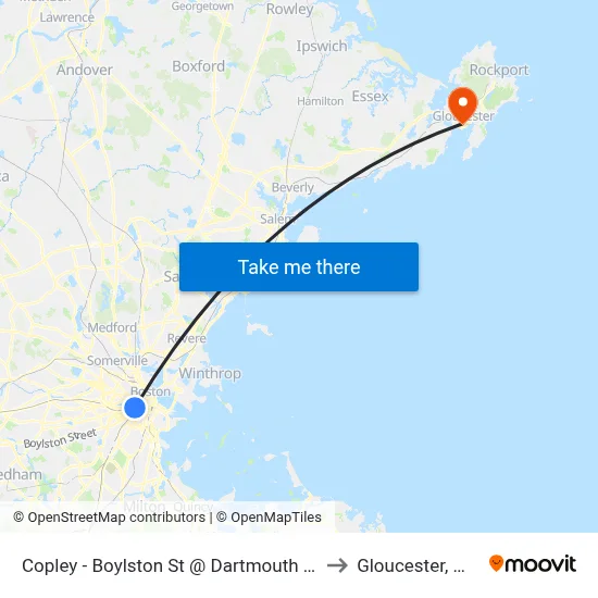 Copley - Boylston St @ Dartmouth St to Gloucester, MA map
