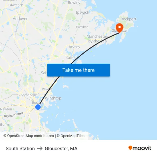 South Station to Gloucester, MA map