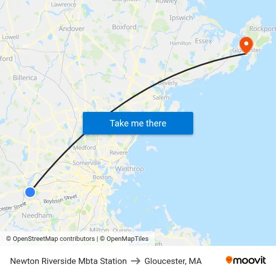 Newton Riverside Mbta Station to Gloucester, MA map