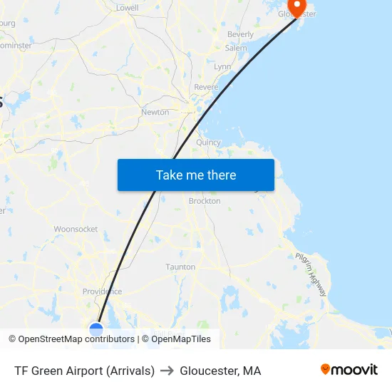 TF Green Airport (Arrivals) to Gloucester, MA map