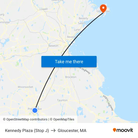 Kennedy Plaza (Stop J) to Gloucester, MA map