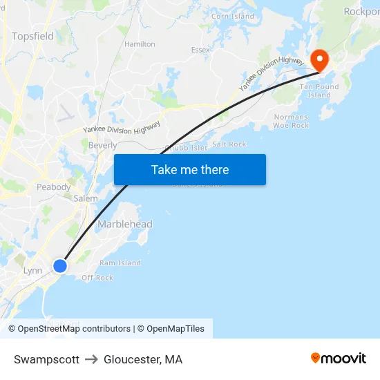 Swampscott to Gloucester, MA map