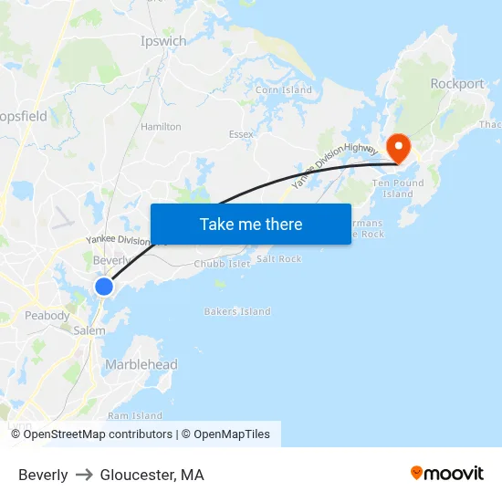 Beverly to Gloucester, MA map