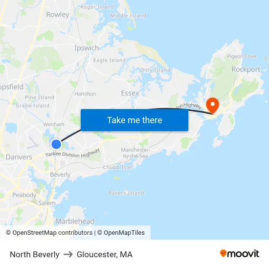 North Beverly to Gloucester, MA map