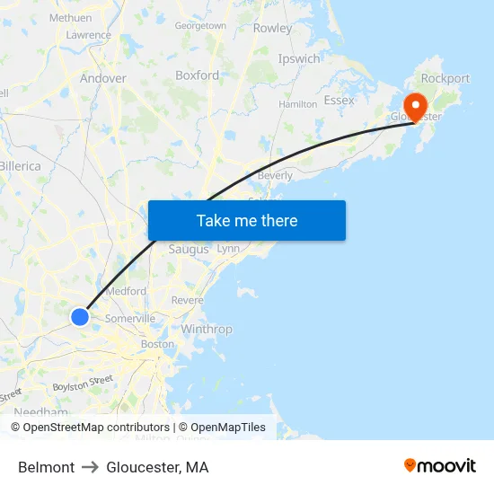 Belmont to Gloucester, MA map