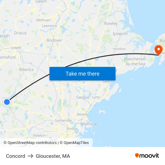 Concord to Gloucester, MA map