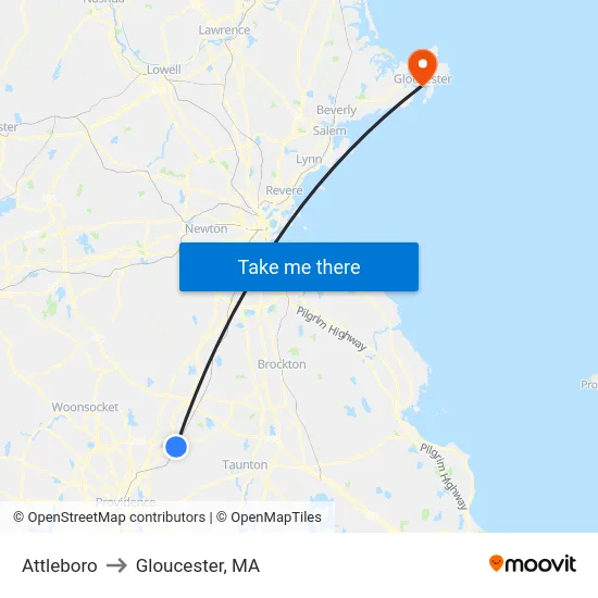 Attleboro to Gloucester, MA map