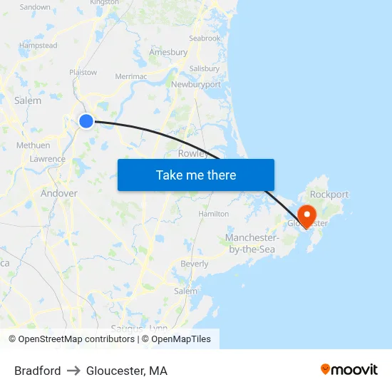 Bradford to Gloucester, MA map