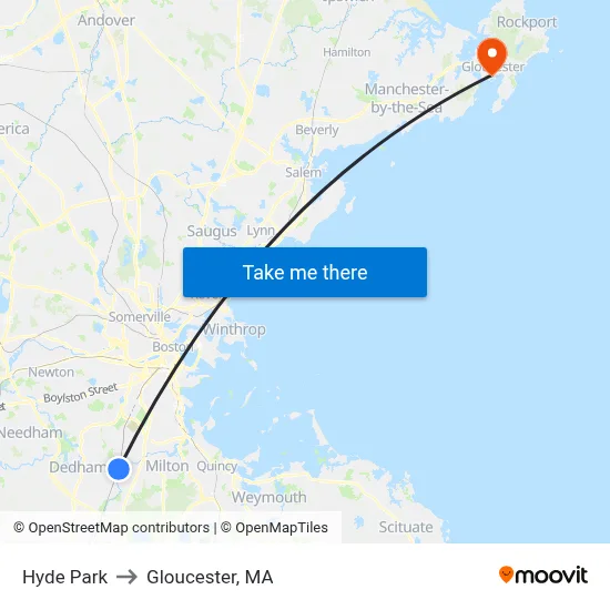 Hyde Park to Gloucester, MA map