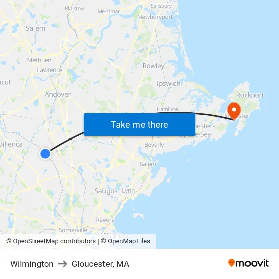 Wilmington to Gloucester, MA map