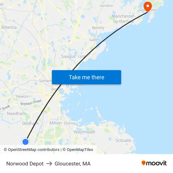 Norwood Depot to Gloucester, MA map