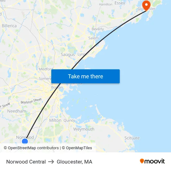 Norwood Central to Gloucester, MA map