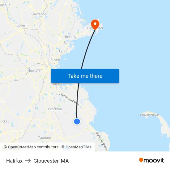 Halifax to Gloucester, MA map