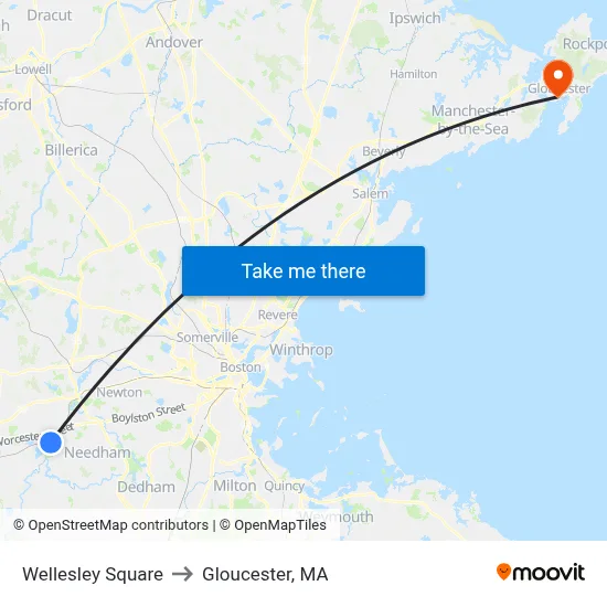 Wellesley Square to Gloucester, MA map