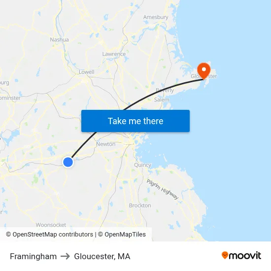 Framingham to Gloucester, MA map