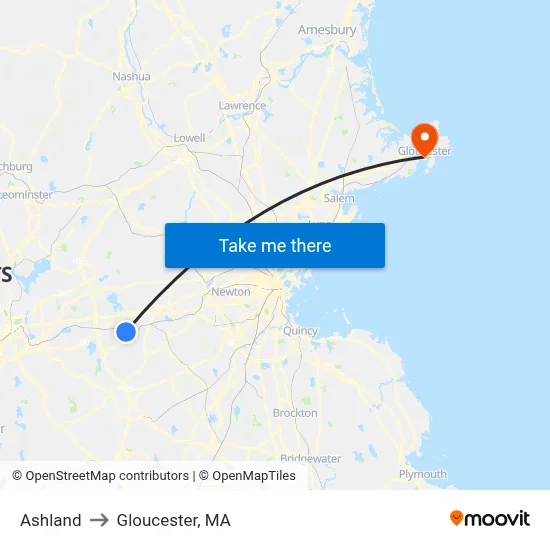 Ashland to Gloucester, MA map