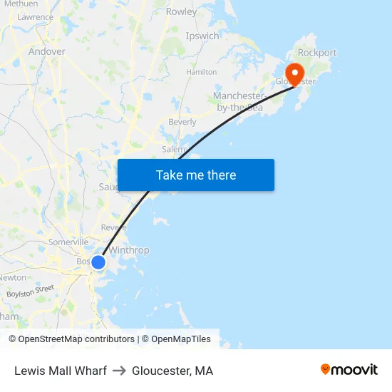 Lewis Mall Wharf to Gloucester, MA map