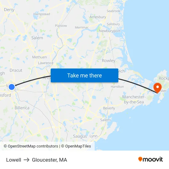 Lowell to Gloucester, MA map