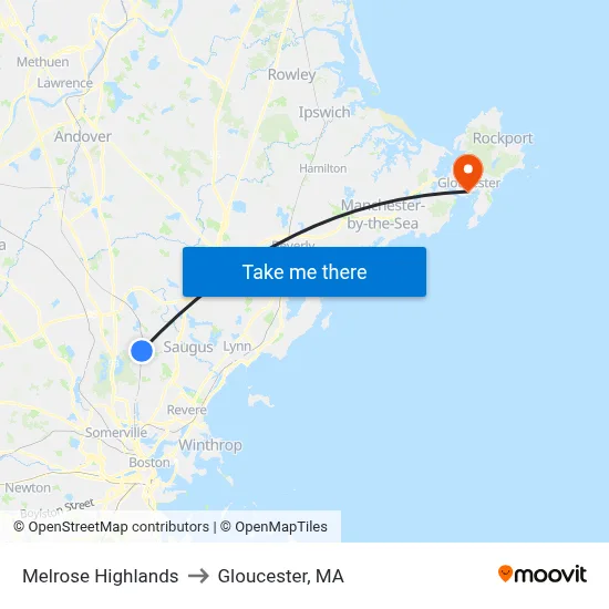Melrose Highlands to Gloucester, MA map