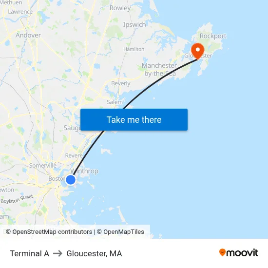 Terminal A to Gloucester, MA map