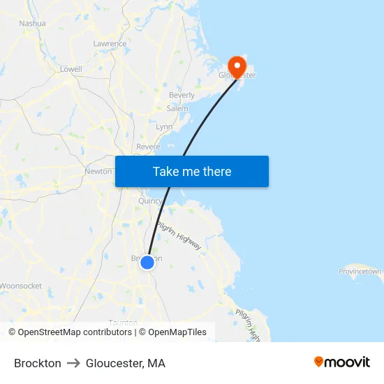 Brockton to Gloucester, MA map