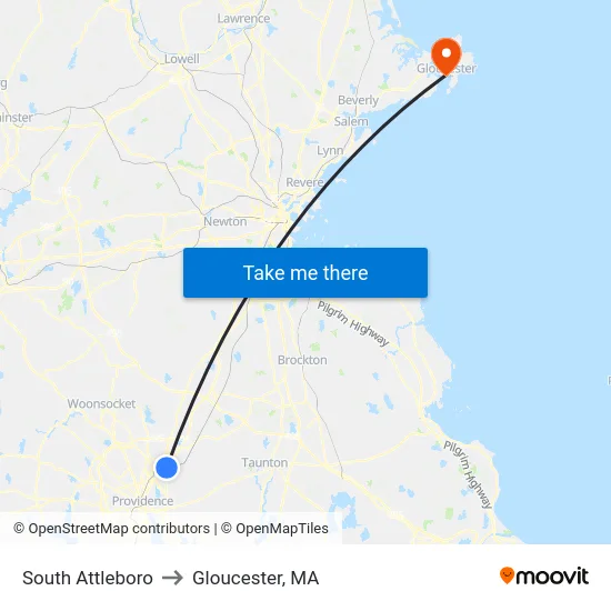 South Attleboro to Gloucester, MA map