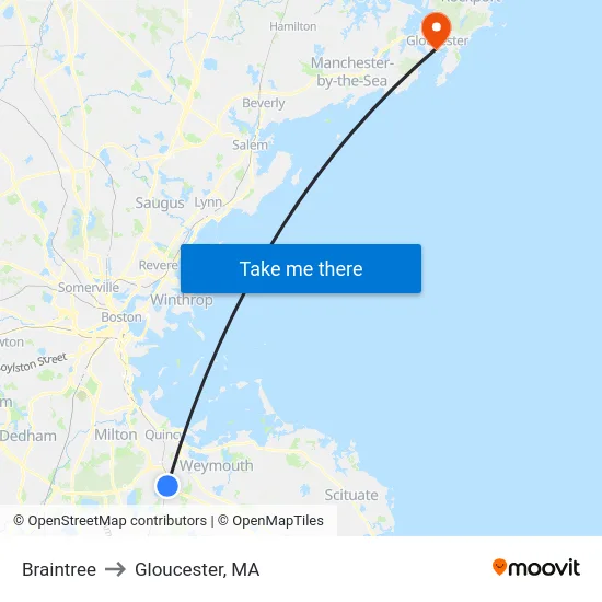 Braintree to Gloucester, MA map
