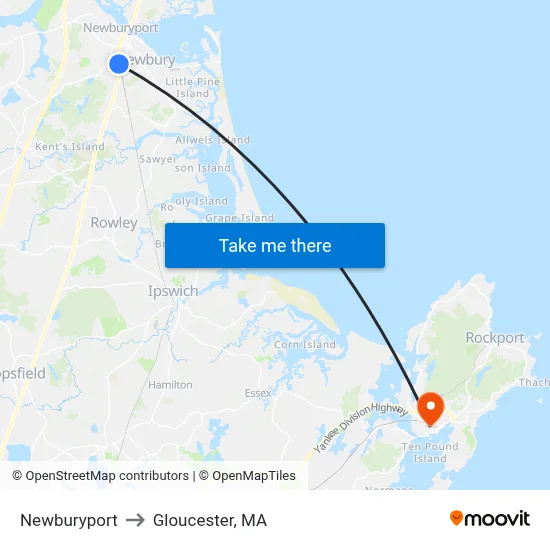 Newburyport to Gloucester, MA map