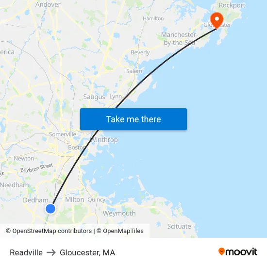 Readville to Gloucester, MA map