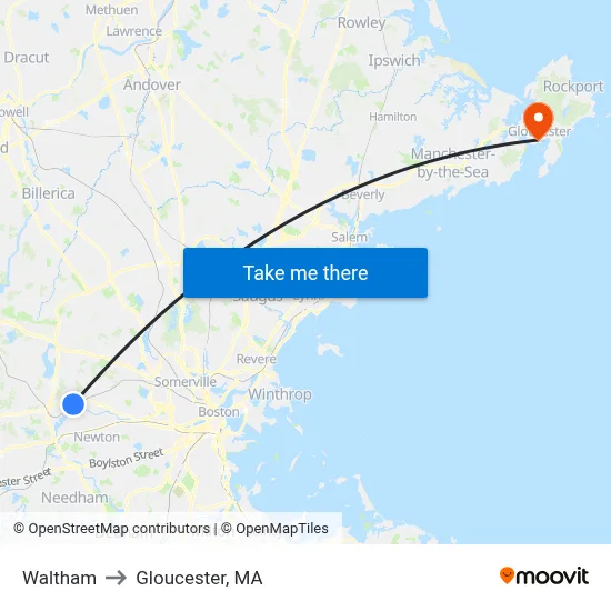 Waltham to Gloucester, MA map