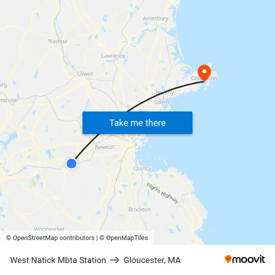 West Natick Mbta Station to Gloucester, MA map