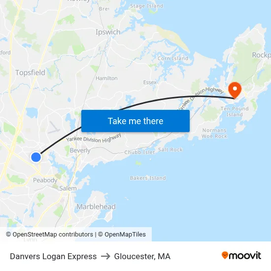 Danvers Logan Express to Gloucester, MA map