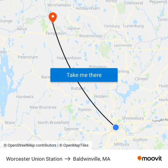 Worcester Union Station to Baldwinville, MA map