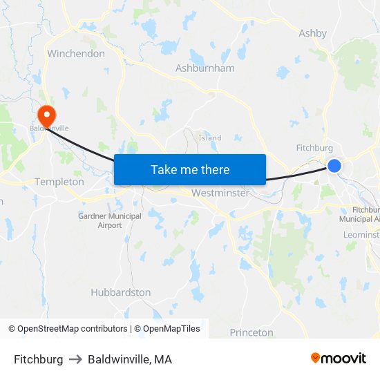Fitchburg to Baldwinville, MA map