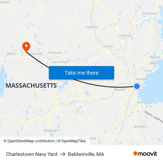 Charlestown Navy Yard to Baldwinville, MA map